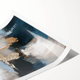 Abstract minimalist rolled print showcasing a vibrant geometric design in shades of blue and gold, ideal for modern home decor. Packaged securely in a durable cardboard tube for safe transport.