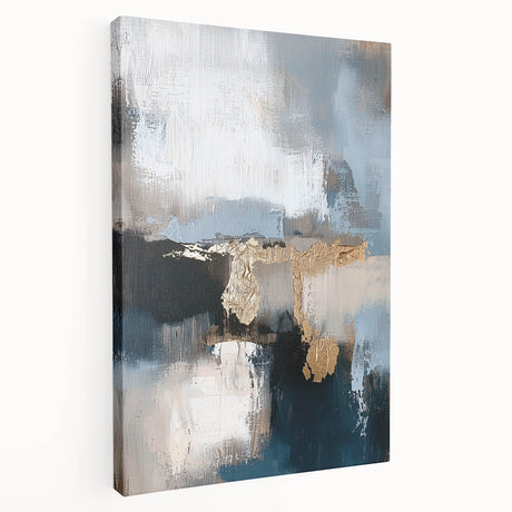 Abstract minimalist stretched canvas artwork showcasing a vibrant color palette of blues and oranges, perfect for modern home decor. The side view highlights the canvas's depth and texture, ideal for enhancing living spaces.