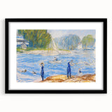 Modern Wall Art - Sunny Riverside Scene with Bathers | Serene Summer Decor
