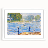 Modern Wall Art - Sunny Riverside Scene with Bathers | Serene Summer Decor
