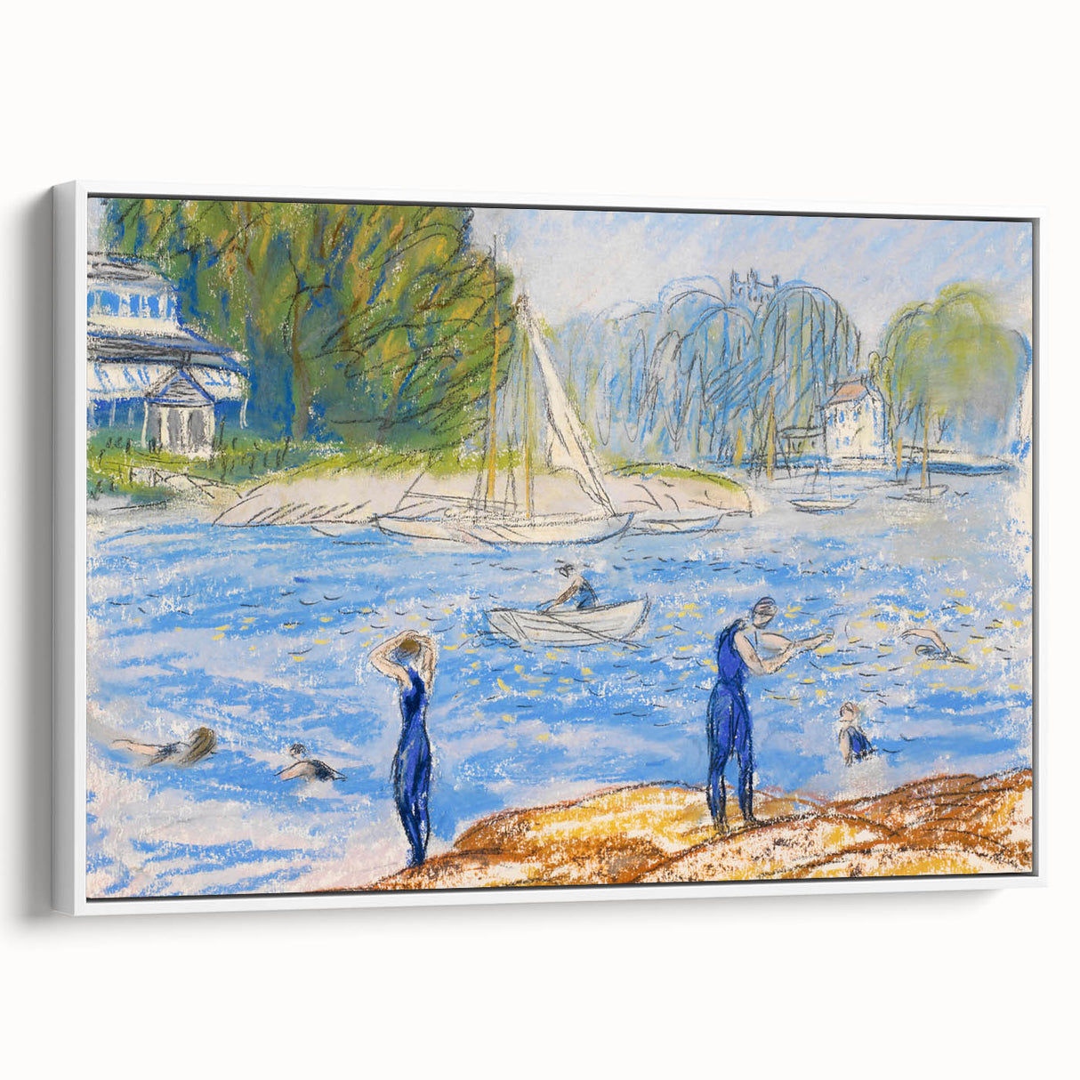 Modern Wall Art - Sunny Riverside Scene with Bathers | Serene Summer Decor