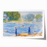 Modern Wall Art - Sunny Riverside Scene with Bathers | Serene Summer Decor