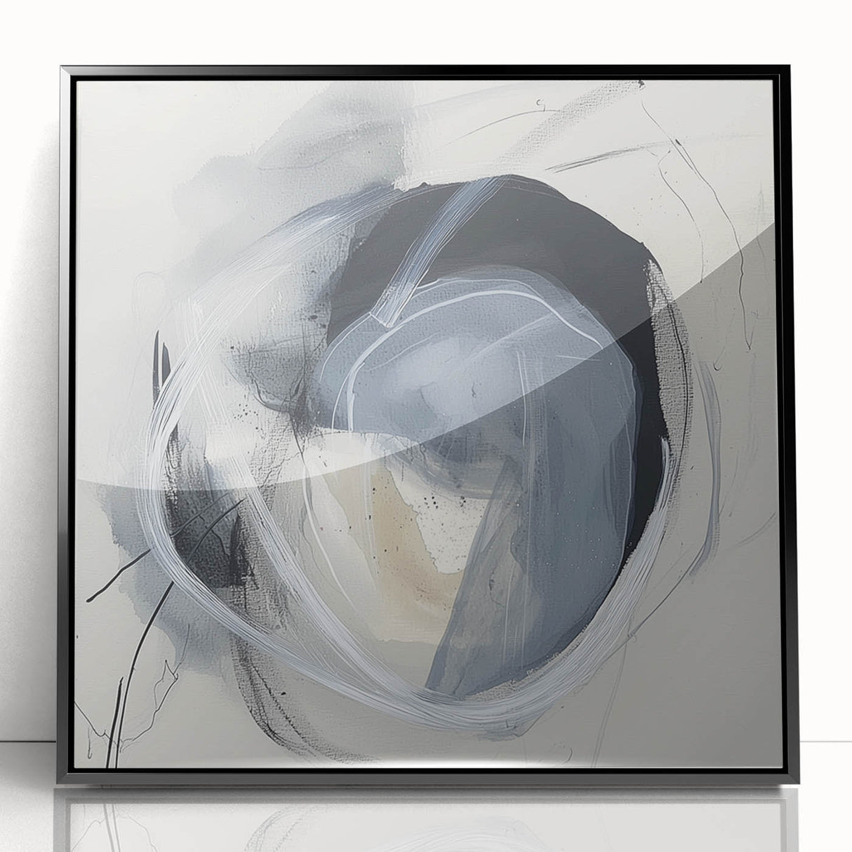 Framed minimalist abstract wall art in black acrylic, showcasing geometric patterns and smooth lines, perfect for modern home decor, enhancing contemporary interiors.