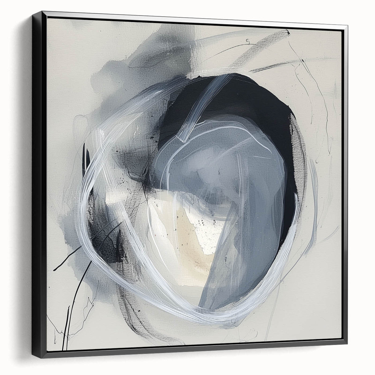 Minimalist abstract framed canvas artwork in black, highlighting geometric shapes and lines, perfect for modern home decor or office spaces. The side view showcases the sleek frame and elegant design, emphasizing its artistic appeal.