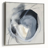Framed minimalist abstract canvas art with a silver side view, showcasing a blend of soft hues and geometric shapes, perfect for modern home decor.
