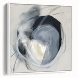 Framed minimalist abstract canvas artwork featuring a sleek white design, displayed in a side view. Ideal for modern home decor, enhancing any contemporary space.