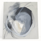 Abstract minimalist stretched canvas art piece featuring a soft color palette of blues and whites, elegantly leaning against a neutral wall, perfect for modern home decor.