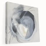 Abstract minimalist stretched canvas artwork showcasing soft, muted colors and geometric patterns, viewed from the side, ideal for modern home decor.