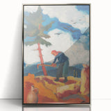 Modern Wall Art - Vibrant Rural Landscape with Worker | Colorful Art Print