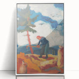 Modern Wall Art - Vibrant Rural Landscape with Worker | Colorful Art Print