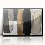 Framed acrylic wall art with a minimalist abstract design, featuring bold black shapes on a white background. Ideal for modern home decor or office spaces.