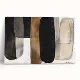 Abstract minimalist stretched canvas artwork featuring soft pastel colors and geometric shapes, elegantly leaning against a neutral wall, perfect for modern decor.