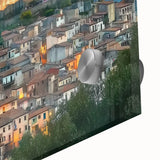 Close-up of an acrylic glass landscape artwork depicting a majestic castle surrounded by lush greenery, highlighting vibrant colors and intricate details that enhance any decor.