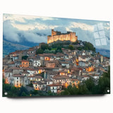 Acrylic glass landscape artwork of a majestic castle viewed from the side, showcasing vibrant colors and intricate details, ideal for home decor enthusiasts.