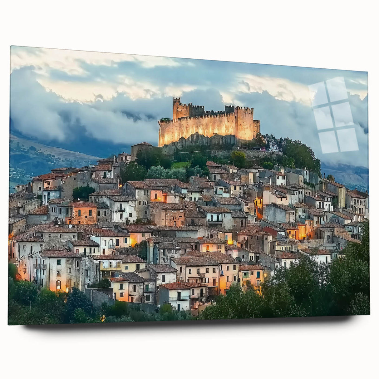 Acrylic glass artwork showcasing a stunning landscape view of a medieval castle, featuring vibrant colors and intricate details, ideal for home decor or art collectors.