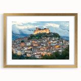 Elegant gold-framed artwork showcasing a picturesque landscape with a majestic castle surrounded by lush greenery, perfect for home decor.