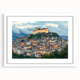 Elegant white-framed landscape artwork showcasing a stunning castle surrounded by lush greenery and a serene sky. The mat adds depth, enhancing the overall aesthetic appeal. Perfect for home decor.