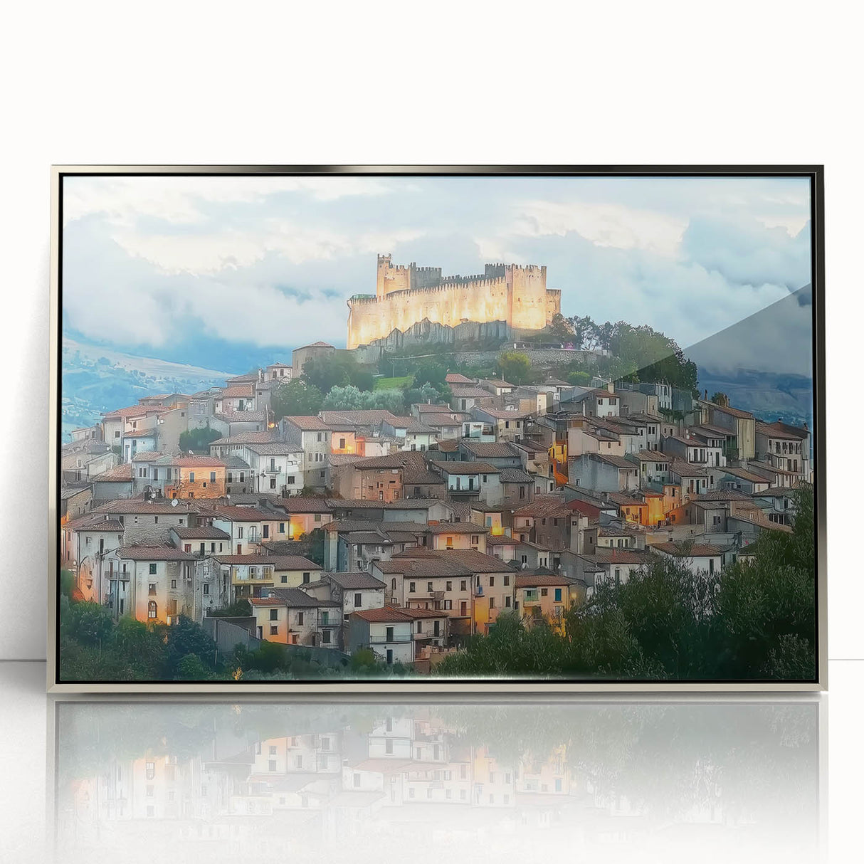 Framed acrylic artwork showcasing a stunning landscape of a castle, highlighted by a silver frame that enhances its elegance. Perfect for home decor.