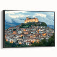 Framed canvas print showcasing a stunning landscape with a majestic castle under a vibrant sunset, featuring a sleek black frame, ideal for home decor.