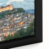 Close-up of a framed canvas artwork depicting a majestic castle landscape, showcasing intricate details and vibrant colors, perfect for home decor enthusiasts.