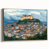 Framed canvas artwork depicting a serene landscape with a majestic castle, set against a vibrant sunset, featuring intricate details and a gold frame for an elegant finish. Ideal for enhancing home decor with a touch of sophistication.