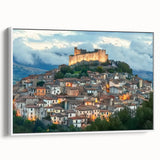 Framed canvas artwork showcasing a picturesque landscape with a castle, featuring a white frame and side view display, perfect for home decor.