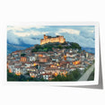 Detailed rolled print showcasing a picturesque landscape featuring a majestic castle surrounded by lush greenery and a serene sky. Ideal for home decor enthusiasts seeking elegant wall art.