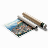 Beautifully detailed rolled canvas print showcasing a serene landscape with a majestic castle under a vibrant blue sky, elegantly packaged in a protective cardboard tube.