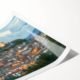 Vibrant rolled canvas print showcasing a picturesque landscape with a medieval castle amidst lush green hills, ideal for home decor and art enthusiasts. Perfectly packaged in a durable tube for safe delivery.