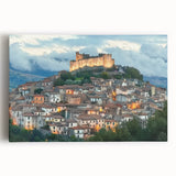 Stretched canvas artwork depicting a vibrant landscape with a majestic castle surrounded by lush greenery and a clear blue sky, ideal for home decor.