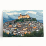 Stretched canvas artwork depicting a serene landscape with a majestic castle surrounded by lush greenery, perfect for home decor or art enthusiasts.