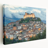 Stretched canvas artwork depicting a majestic castle landscape in vibrant colors, showcasing intricate details and textures, perfect for home decor or art enthusiasts.