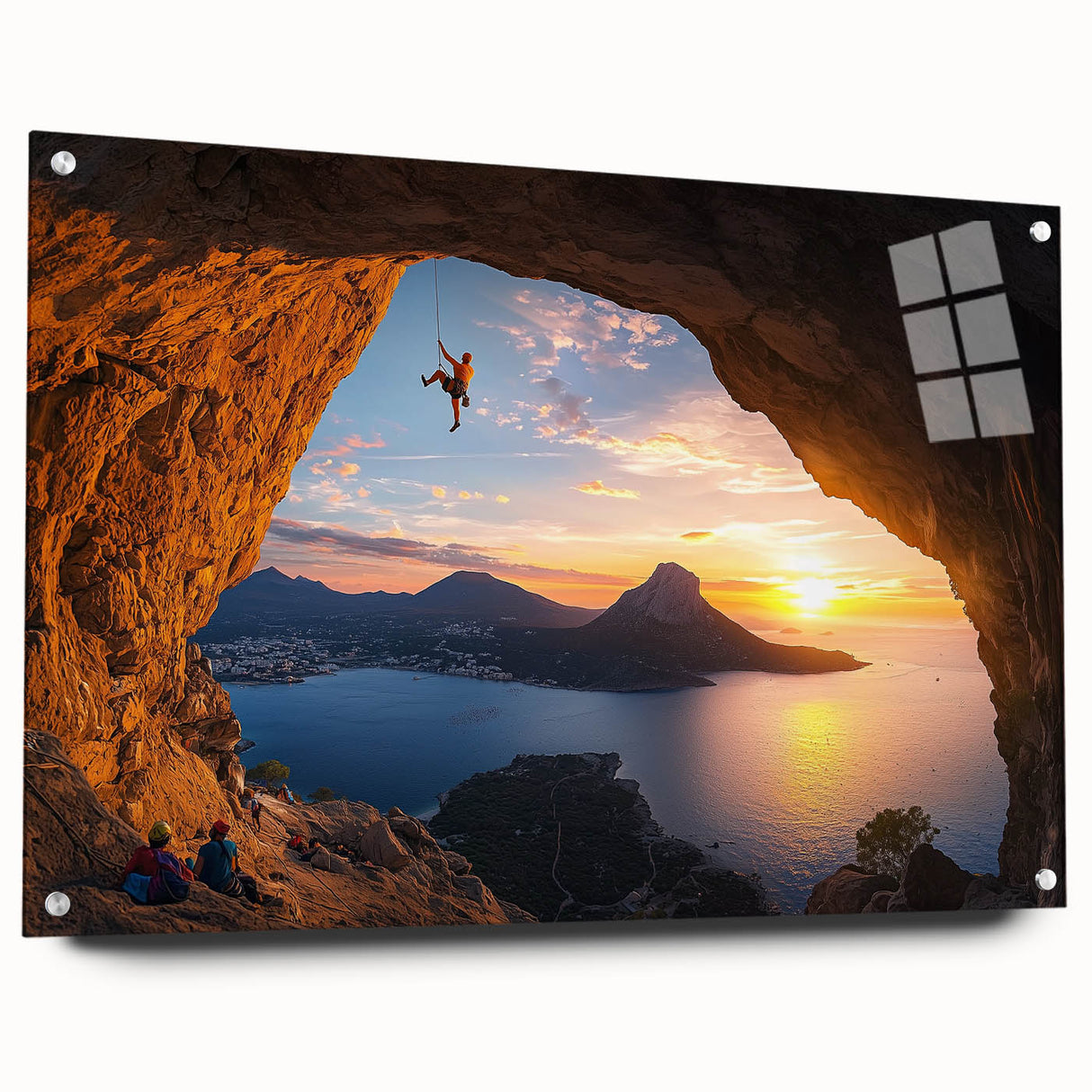 Acrylic glass artwork depicting a stunning landscape with caves, showcasing intricate details and vibrant colors, elegantly displayed from a side view with pins for mounting.