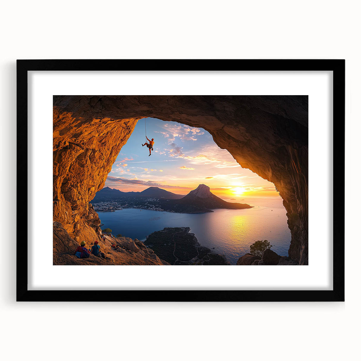 Framed landscape artwork depicting serene caves, with a black mat and sleek frame, perfect for modern home decor or office aesthetics.