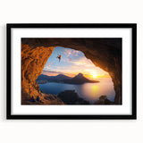 Framed landscape artwork depicting serene caves, with a black mat and sleek frame, perfect for modern home decor or office aesthetics.