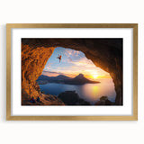 Gold-framed landscape artwork featuring intricate cave designs, accented with a stylish mat, ideal for enhancing home decor and showcasing artistic elegance.