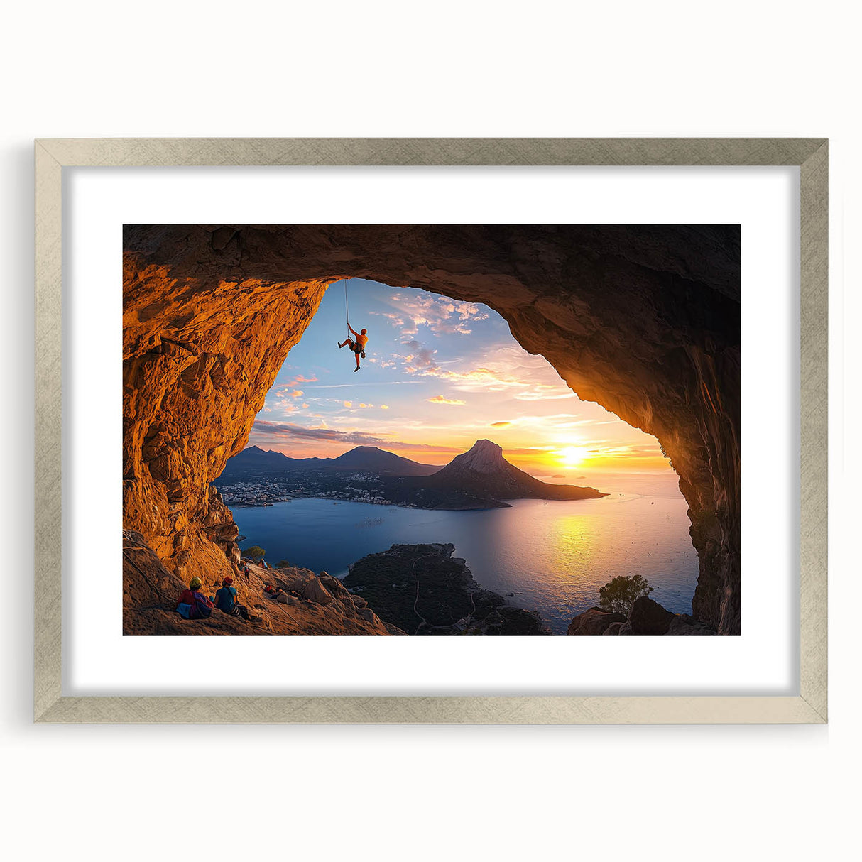 Framed landscape artwork depicting a serene cave scene, featuring a silver mat and elegant frame, perfect for home decor. Ideal for nature lovers and art enthusiasts.