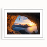 Framed landscape artwork depicting a serene cave scene with vibrant colors, mounted with a white mat, ideal for home decor and art enthusiasts. This elegant piece adds a tranquil touch to any interior space.