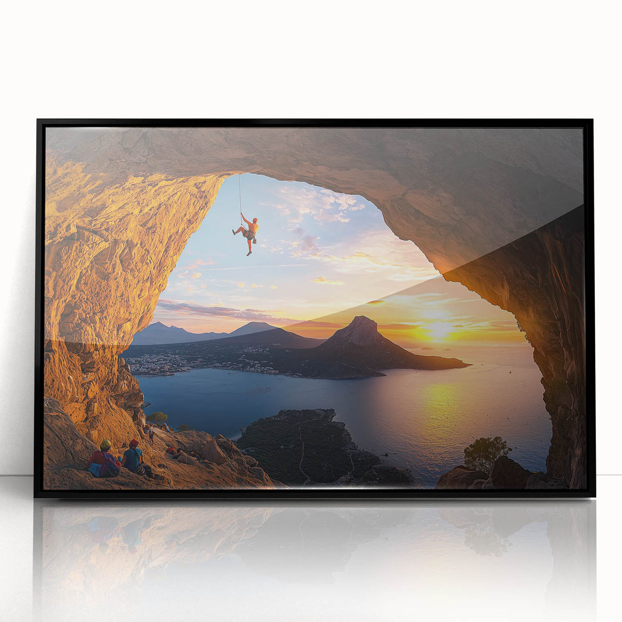 Framed acrylic artwork depicting a stunning landscape with caves, featuring a sleek black frame and vibrant colors, ideal for modern home decor.