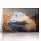 Framed acrylic artwork showcasing a vibrant cave landscape in gold tones, perfect for home decor, enhancing interiors with a touch of elegance and nature.
