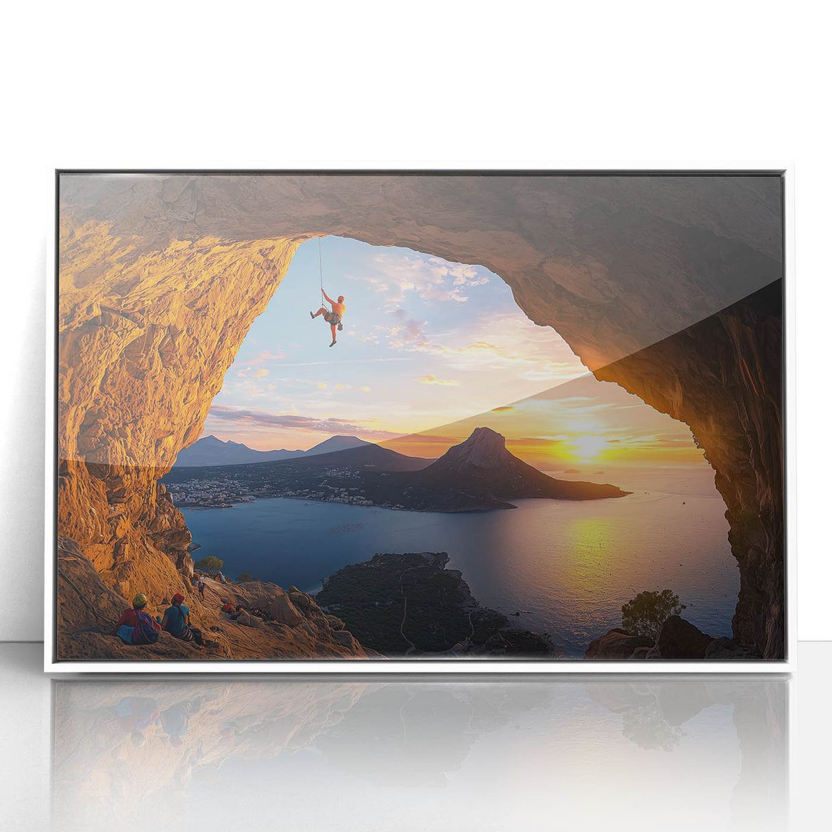 Framed acrylic artwork showcasing a serene landscape with caves, featuring vibrant colors and a sleek white frame, perfect for modern home decor.