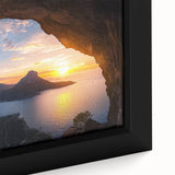 Close-up of a framed canvas artwork depicting an abstract landscape with vibrant colors, showcasing intricate details of natural caves and rock formations, perfect for modern decor.