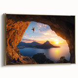 Framed canvas artwork showcasing a stunning landscape scene with intricate cave formations, highlighted by a luxurious gold frame, perfect for enhancing modern decor.