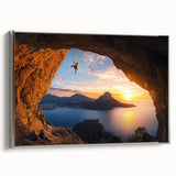 Framed canvas artwork depicting a serene landscape featuring caves, showcasing intricate details, with a silver frame that enhances its elegance. Ideal for modern home decor.