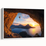 Framed canvas artwork depicting a stunning landscape with intricate cave formations, featuring earthy tones and a sleek white frame, ideal for modern home decor.