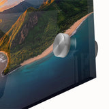 Close-up of an acrylic landscape artwork depicting majestic cliffs and vibrant colors, showcasing intricate details and textures that enhance its visual appeal.