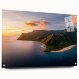 Acrylic landscape artwork showcasing dramatic cliffs in vibrant colors, displayed from a side view and secured with stylish pins for a modern aesthetic.