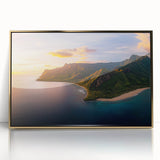 Framed acrylic artwork showcasing a stunning landscape of cliffs bathed in golden light, ideal for enhancing modern home decor and adding a touch of elegance.