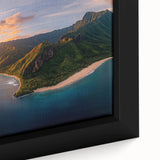 Close-up of a framed canvas artwork depicting dramatic cliffs against a vibrant sunset, showcasing rich colors and intricate details, perfect for home decor.