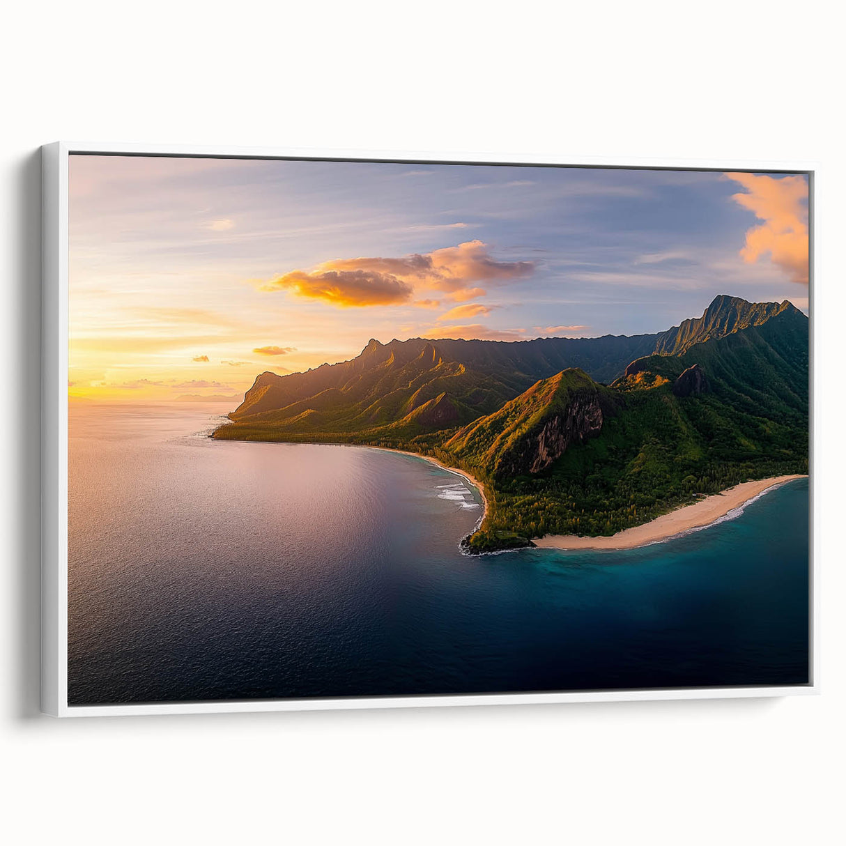 Framed canvas artwork depicting a stunning landscape of cliffs with vibrant colors, showcased from a side view against a white background, ideal for home decor.